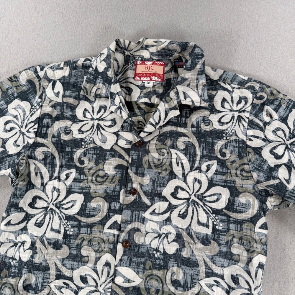 RJC Hawaiian Shirt Mens Medium Blue Grey Hibiscus Floral Made in Hawaii Aloha